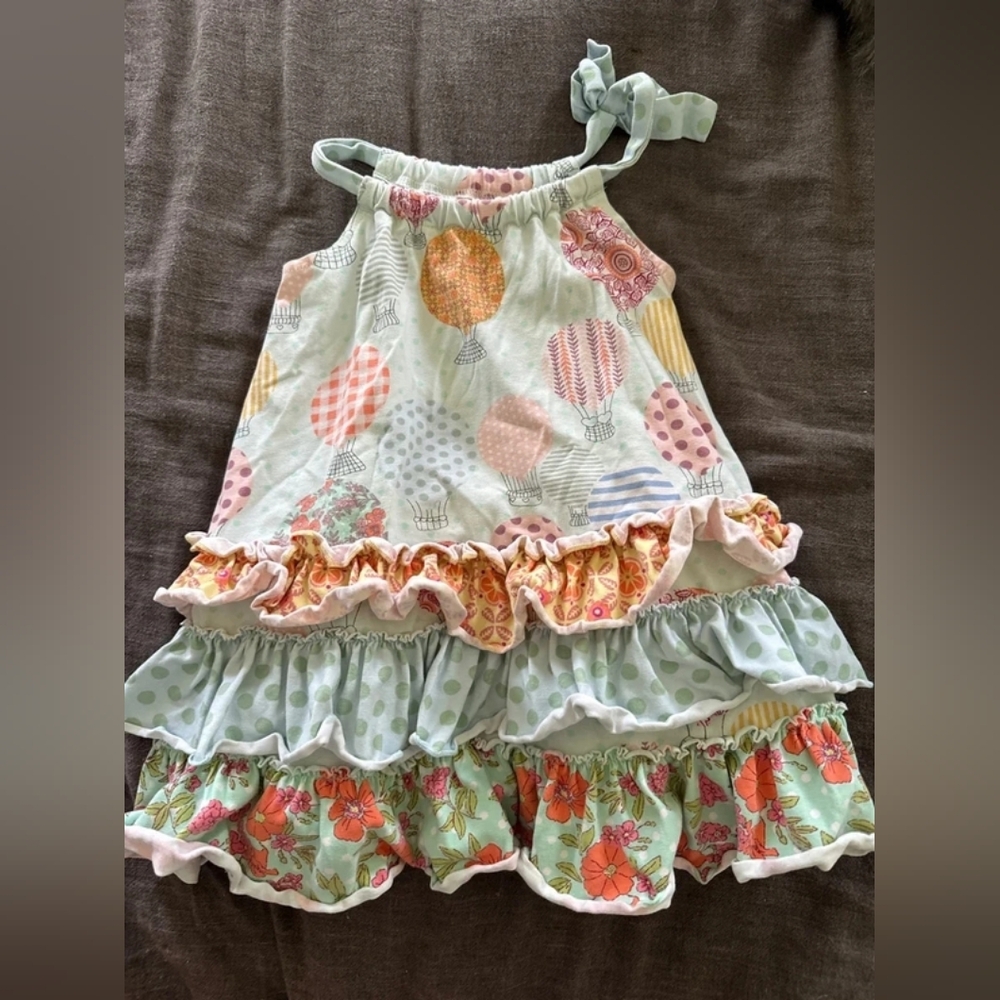 Girls Mint Green Ruffle Halter Dress with Hot Air Balloon Print